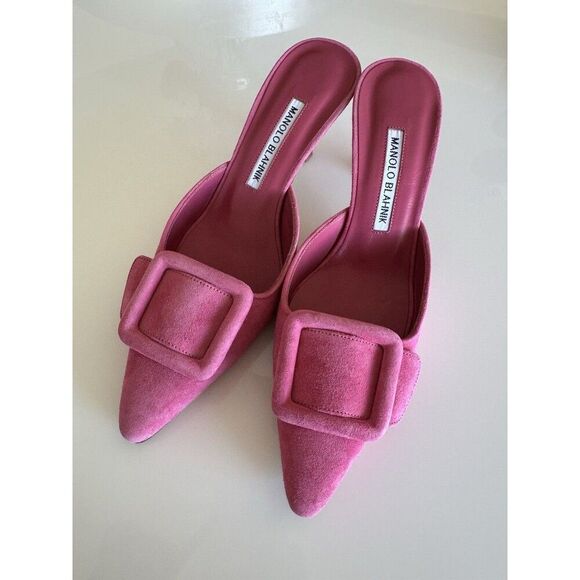 Manolo Blahnik Maysale Pink Suede Mule Kitten Heels Pumps Size EU 37 US 7 - Picture 5 of 9